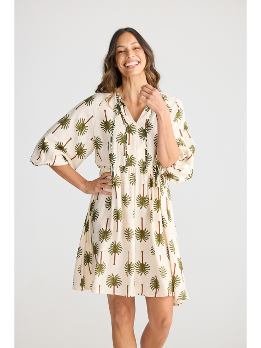 Holiday Trading Alfina Dress Ivory Palm Print Front