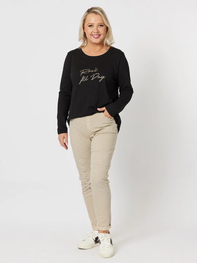 Threadz Rose All Day Long Sleeve Top Black Front