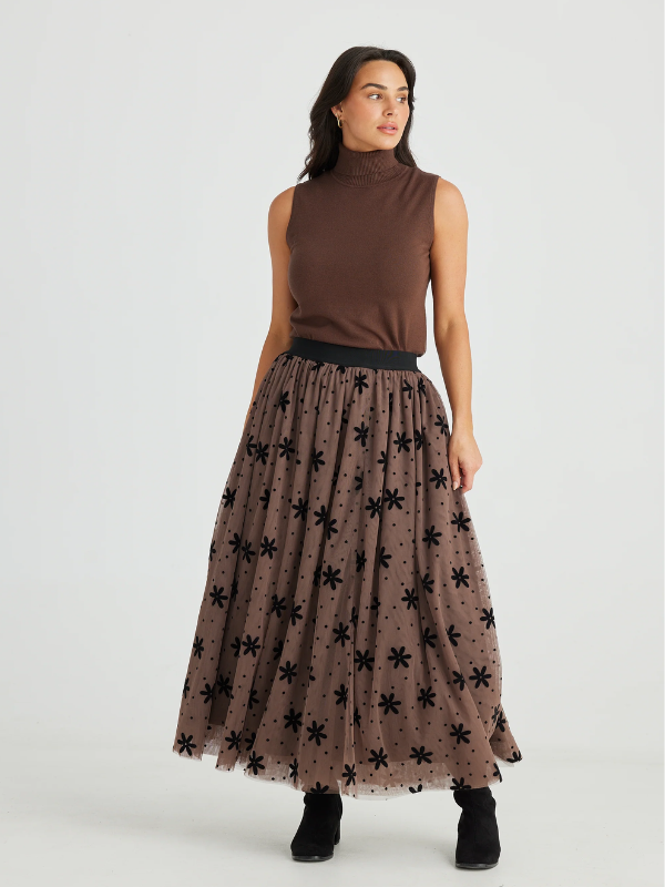 Brave + True Carrie Skirt Tan Floral Dot (Front)