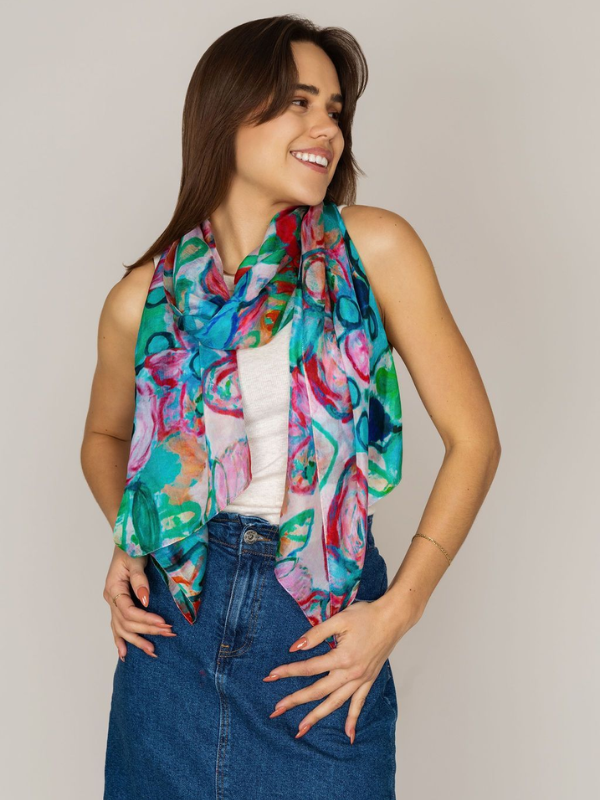 D)Lux Fiore Floral Silk Scarf Turquoise