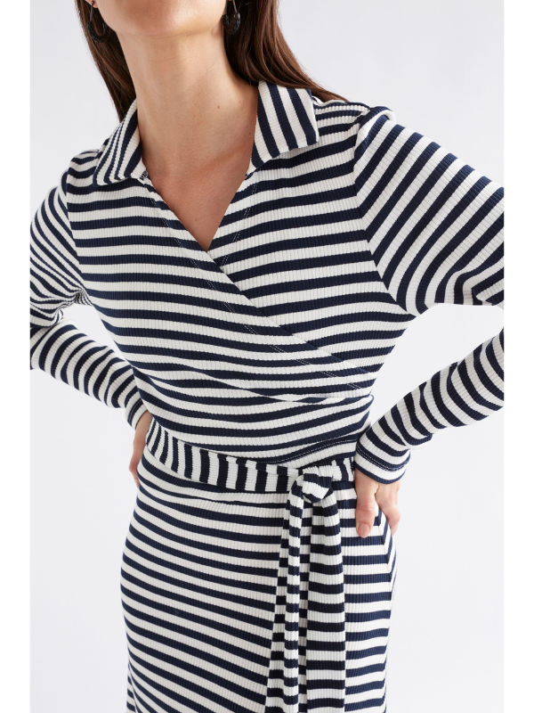 ELK the Label Kullan Ribbed Wrap Dress White & Ink Stripe Detail