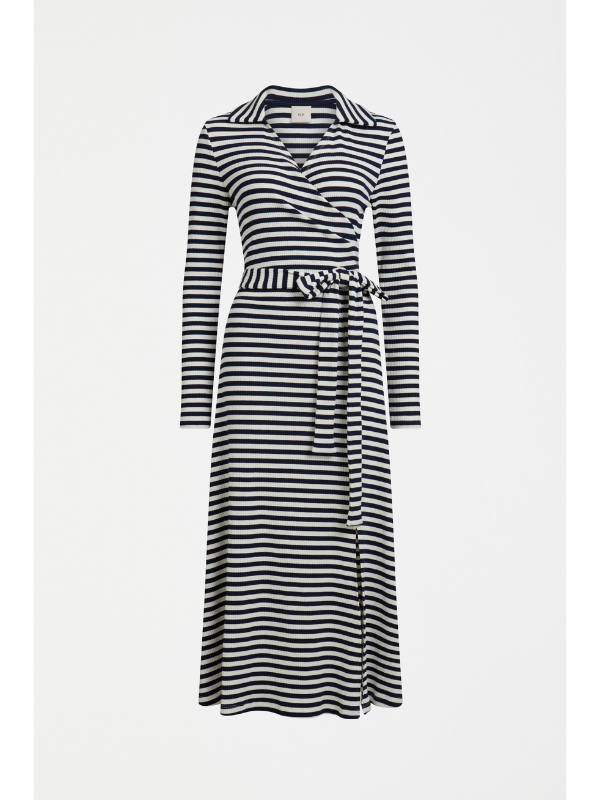 ELK the Label Kullan Ribbed Wrap Dress White & Ink Stripe Flat Lay