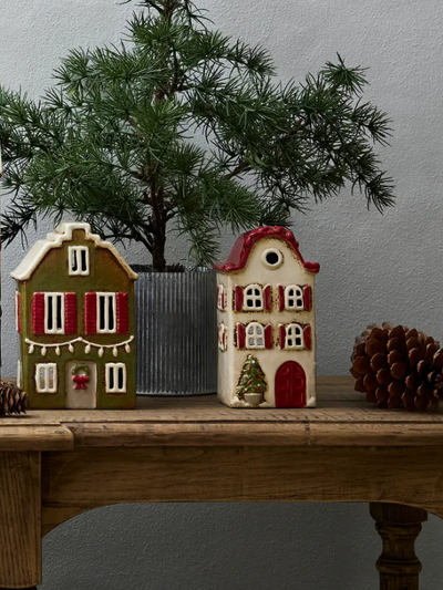 French Country Alsace Tea Light Villa Christmas Stone with Red Shutters