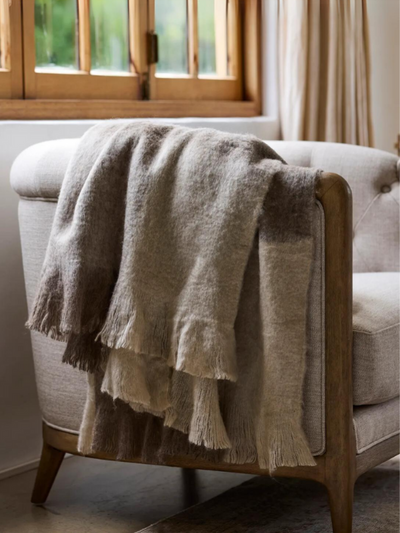 French Country Beige Brown Plaid Fringe Throw