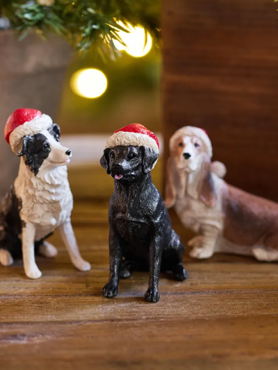 French Country Black Dog with Santa Hat