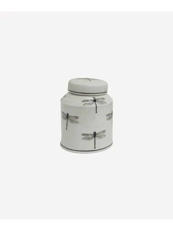 French Country Dragonfly Round Lidded Jar Black & White