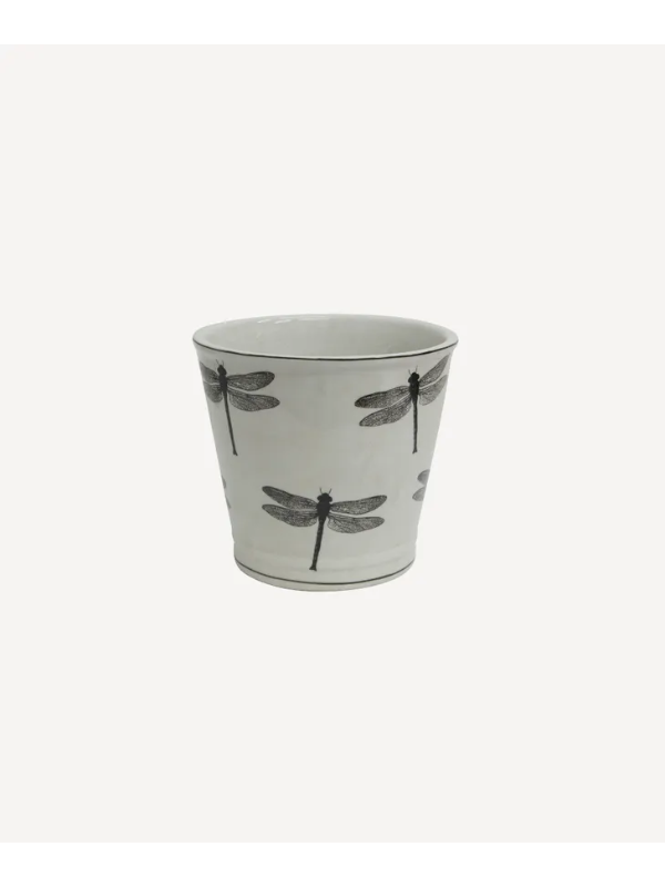 French Country Dragonfly Round Planter Black & White