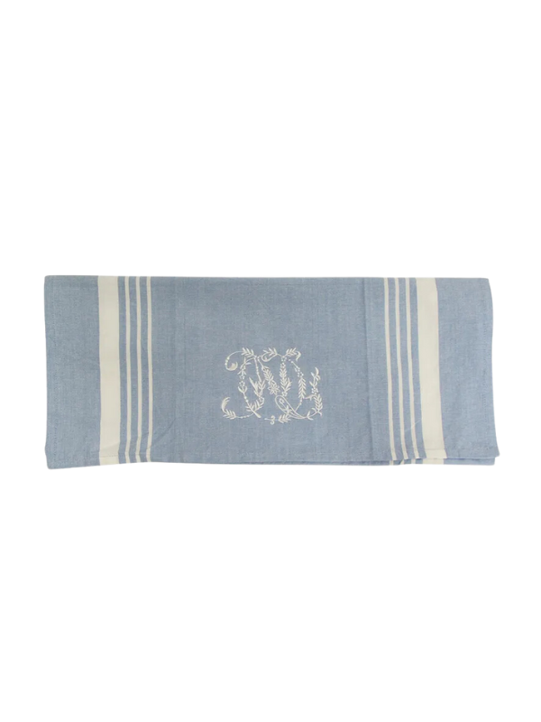 French Country Monogram Tea Towel Blue with White Stripe