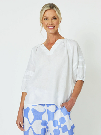 Gordon Smith Diana Linen Pleat Sleeve Top White Front