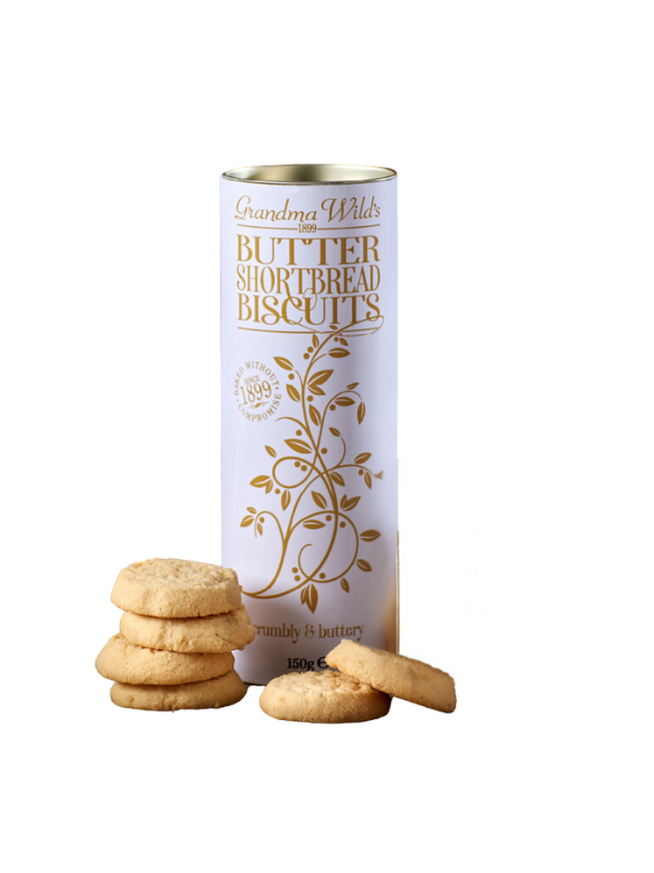 Grandma Wild's Ornate White & Gold Biscuit Tube 150g