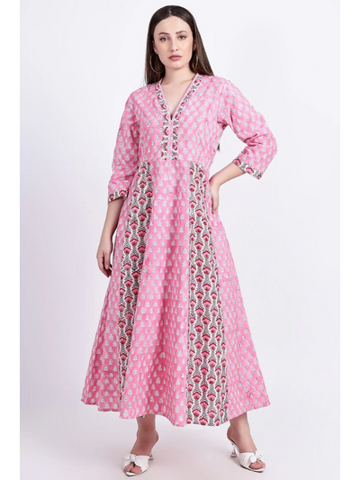 hiHandmade Panelled Cotton Maxi Dress Pink Front