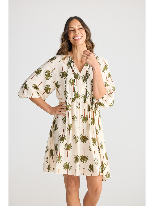 Holiday Trading Alfina Dress Ivory Palm Print Front
