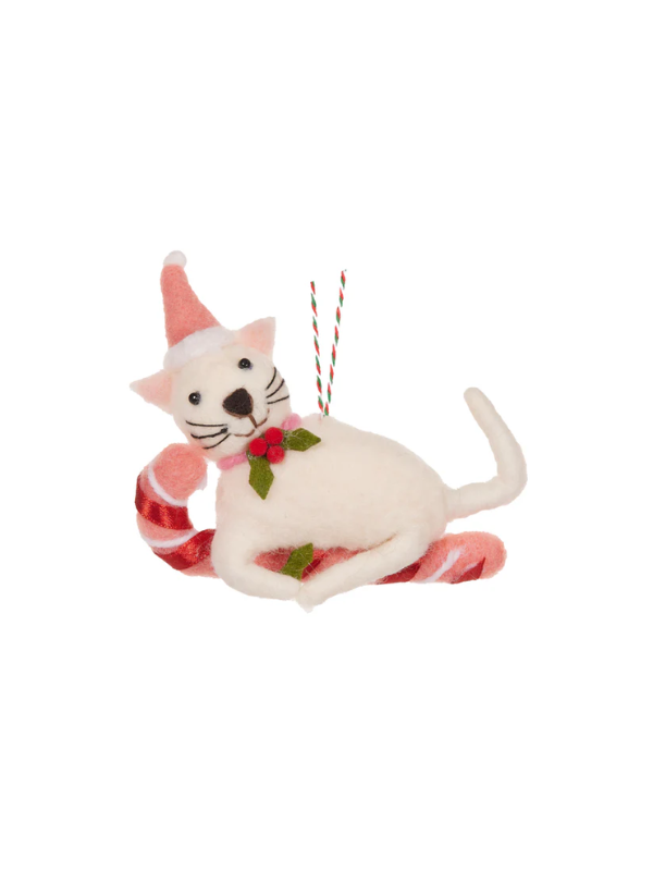 Holly & Ivy Cream Cat with Candy Cane Hanging Ornament