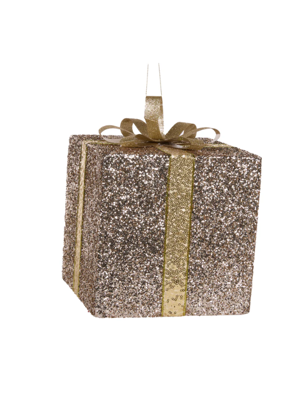 Holly & Ivy Glitter Gift Box Hanging Decoration Champagne Large