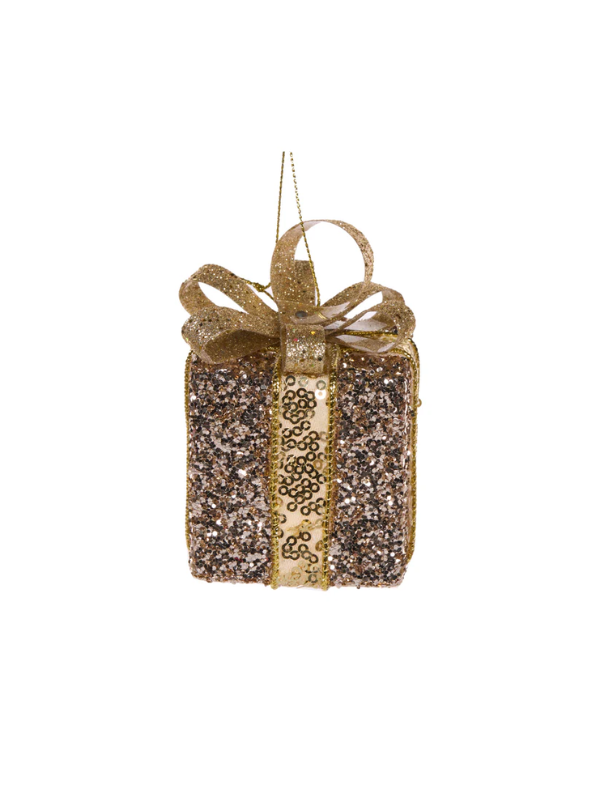 Holly & Ivy Glitter Gift Box Hanging Decoration Champagne Small