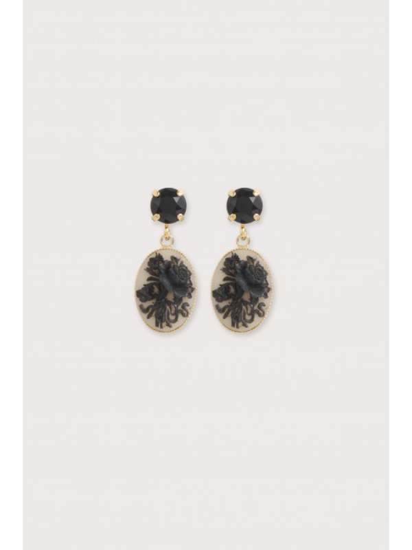 Julie Sion Cameo Mini Strass Earrings Black & Gold