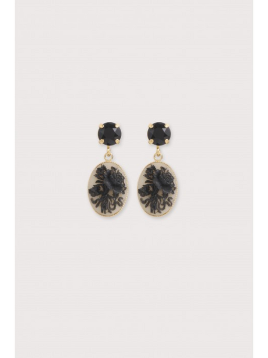 Julie Sion Cameo Mini Strass Earrings Black & Gold