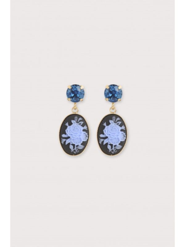 Julie Sion Cameo Mini Strass Earrings Blue & Gold