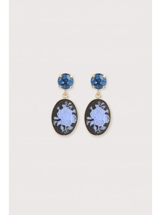 Julie Sion Cameo Mini Strass Earrings Blue & Gold