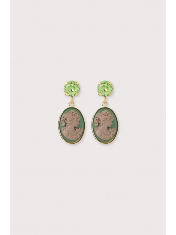 Julie Sion Cameo Mini Strass Earrings Green & Gold