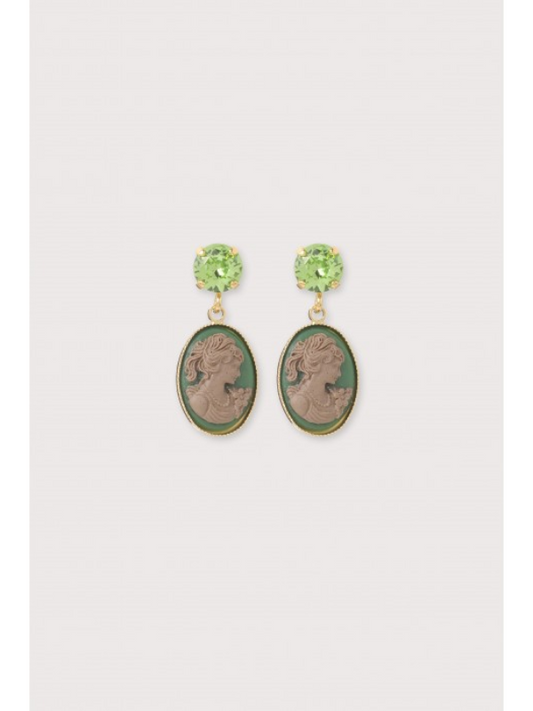 Julie Sion Cameo Mini Strass Earrings Green & Gold