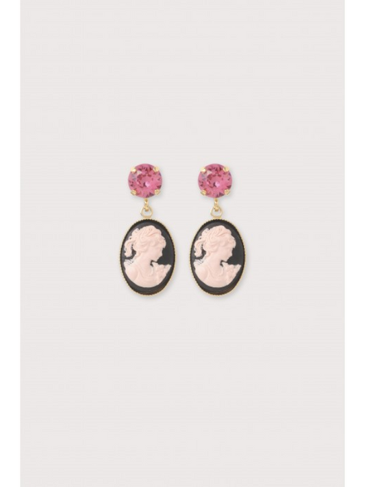 Julie Sion Cameo Mini Strass Earrings Pink & Gold