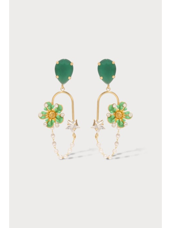 Julie Sion Freesia Stars Chain Hoop Earrings Green & Gold