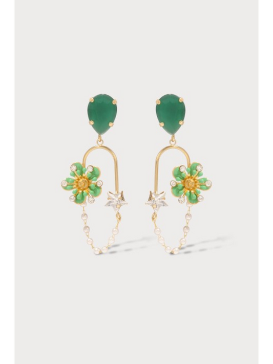 Julie Sion Freesia Stars Chain Hoop Earrings Green & Gold