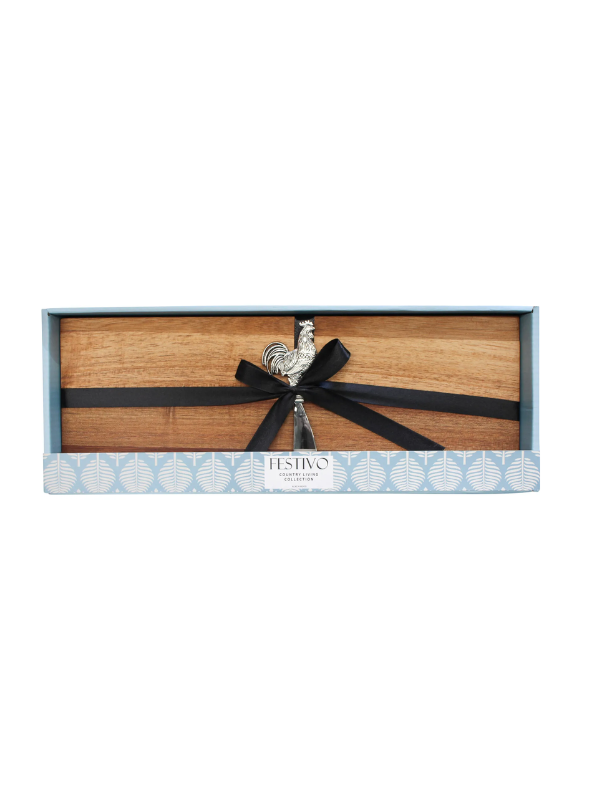 LaVida Acacia Cheese Board with Rooster Spreader