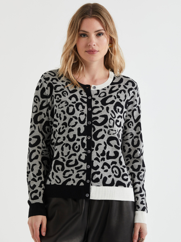 LD+CO Leopard Cardi Mid Grey Front