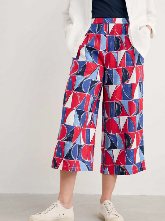 Seasalt Cornwall Peaceful Haven Linen Culottes Sail Geo Scarlet Front