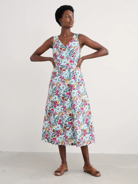 Seasalt Cornwall Sky Beyond Sleeveless Dress Garden Flowers Chalk Front