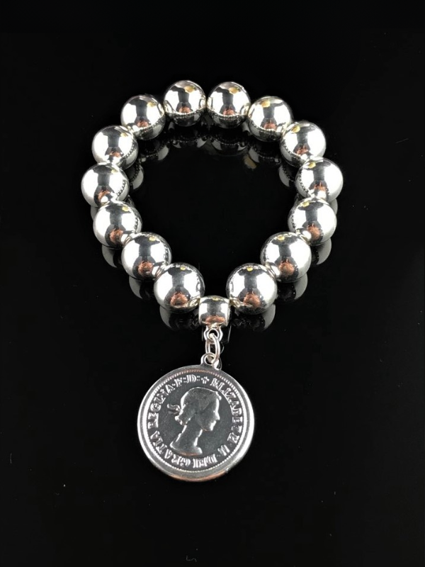 SHE Jewellery Coin Charm Beaded Bracelet Silver