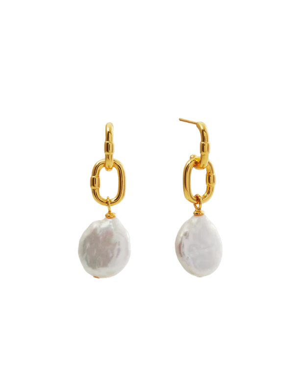 Sybella Jewellery Mimi Freshwater Coin Pearl & Gold Link Drop Earrings