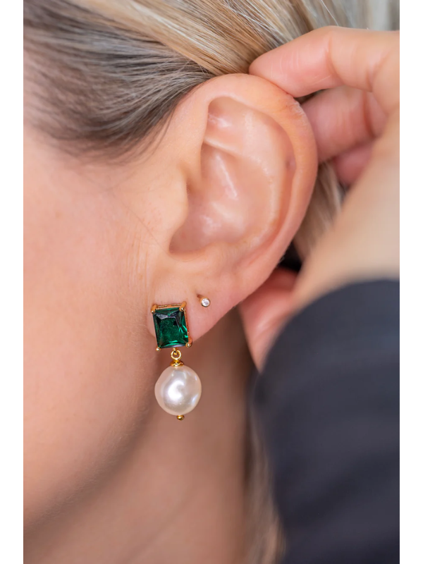 Sybella Jewellery Misty Deep Green Baguette & Pearl Drop Earrings