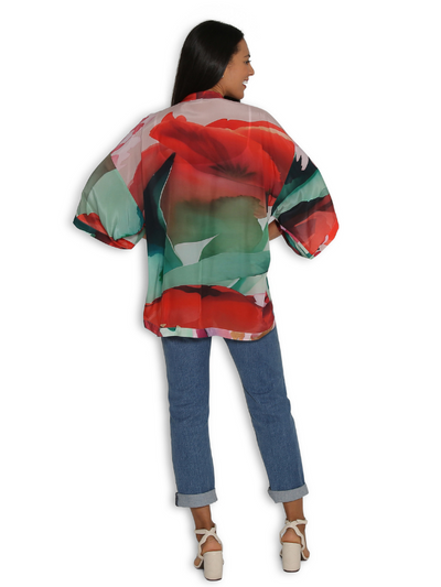 The Artists Label Vibrant Red Tulips Silk Long Kimono (back)