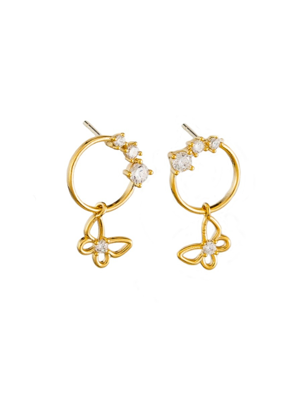 Tiger Tree Crystal Butterfly on Ring Earrings Gold