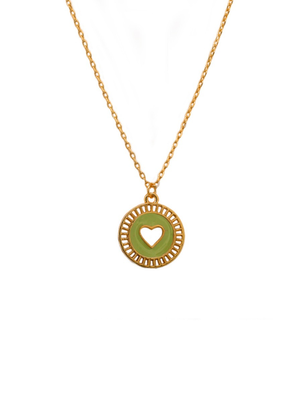 Tiger Tree Olive Enamel Disc Heart Necklace Gold