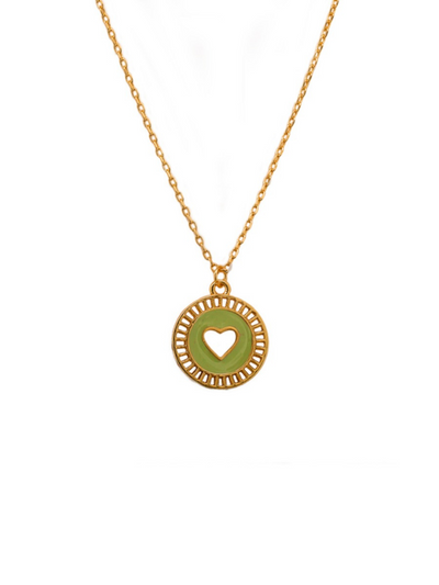 Tiger Tree Olive Enamel Disc Heart Necklace Gold