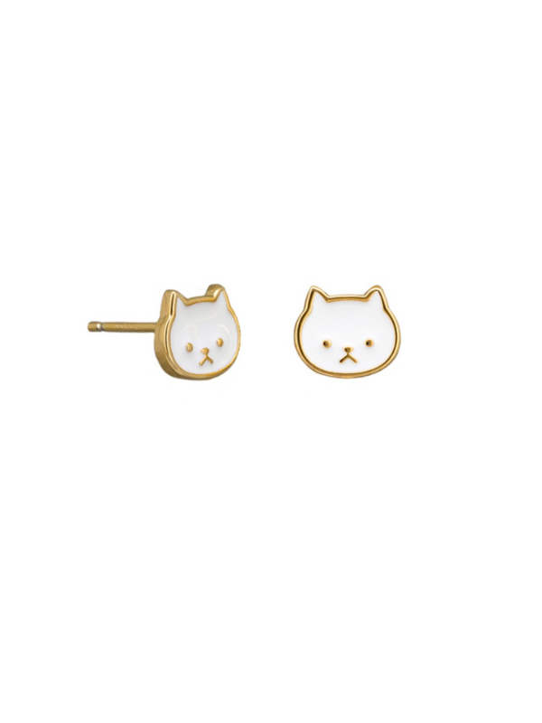 Tiger Tree White Kitty Cat Studs Gold