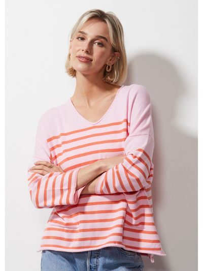 Zaket & Plover Breton Stripe V Jumper Petal Front