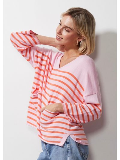 Zaket & Plover Breton Stripe V Jumper Petal Side