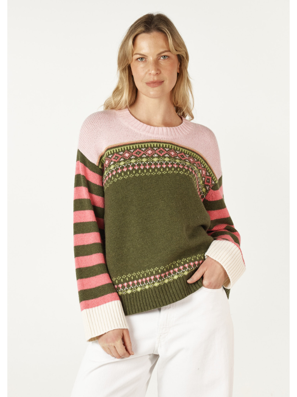 Zaket & Plover Fairisle Jumper Olive Front