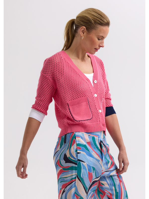 Zaket & Plover Holey Cardi Carnation Front