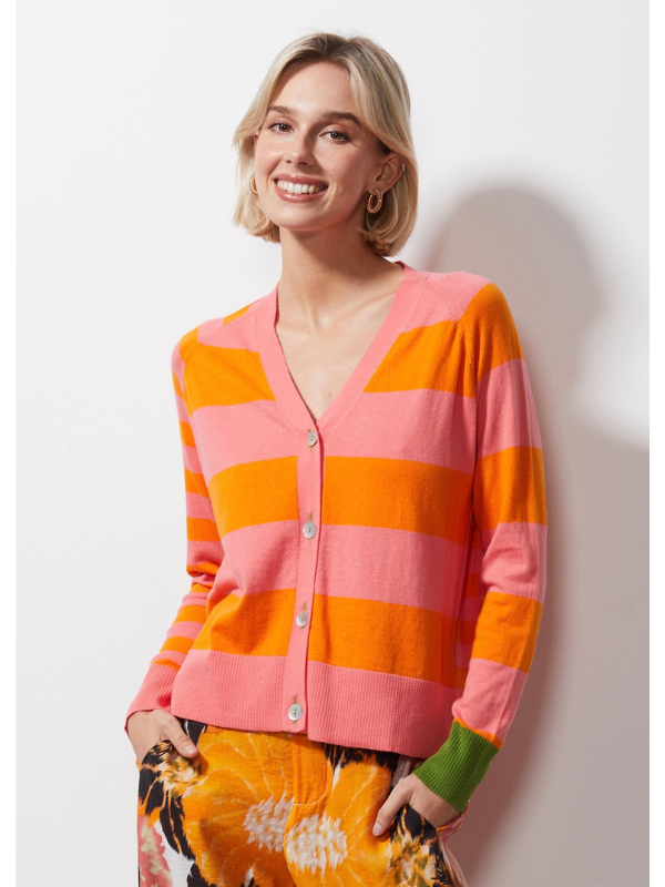 Zaket & Plover Multi Stripe Cardi Flamingo Front